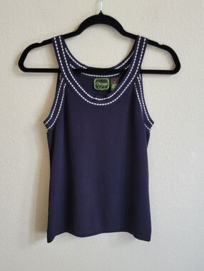 Nicaya Navy Sleeveless Tank Top with Decorative White Stitching Ladies Small.